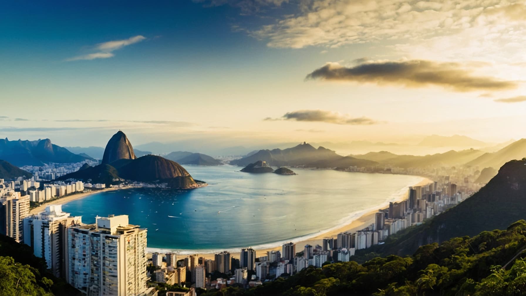 Vista aérea do Rio de Janeiro mostrando suas belas praias e o Cristo Redentor ao fundo. Passagens baratas para o Rio de Janeiro no Voopter